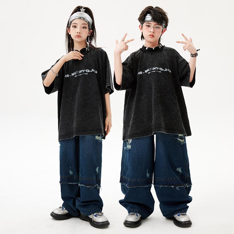 子供服 キッズ ダンス 衣装 スポーティー カジュアル デニム ヒップホップ パフォーマンス エネルギッシュ アクティブ ストリート ブラック 黒