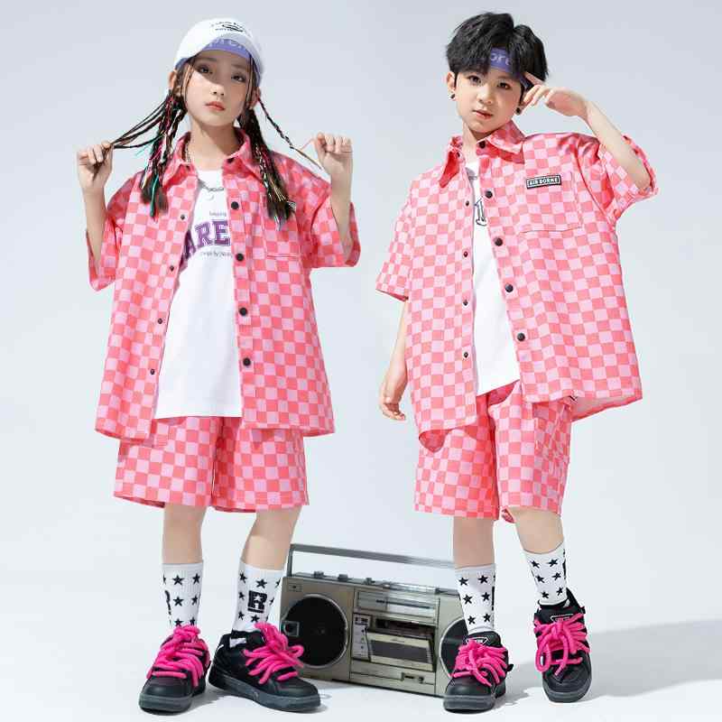 子供服 キッズ ダンス 衣装 ストリート クール パフォーマンス ヒップホップ ユニーク ピンク チェック柄 トレンディ エネルギッシュ アクティブ