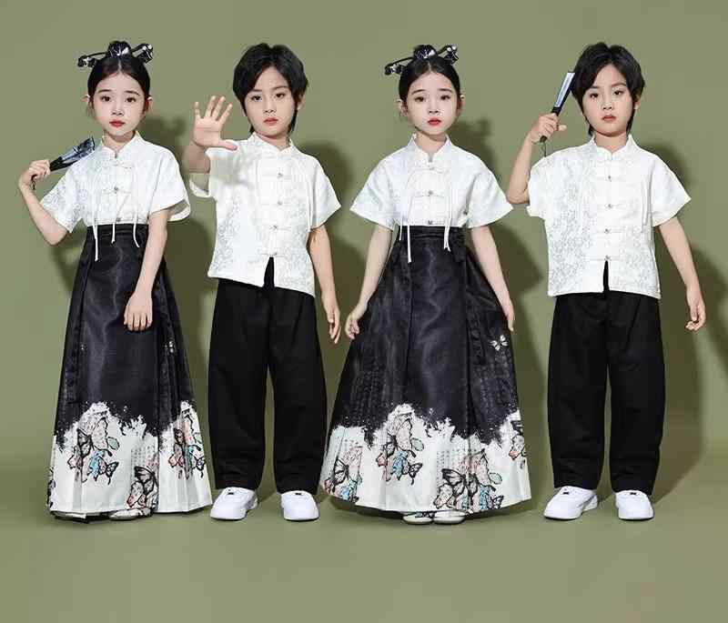 子供用 パフォーマンス 衣装 漢服 チャイナ風 スカート 男の子 女の子 コーラス セット 動きやすい 刺繍 デザイン