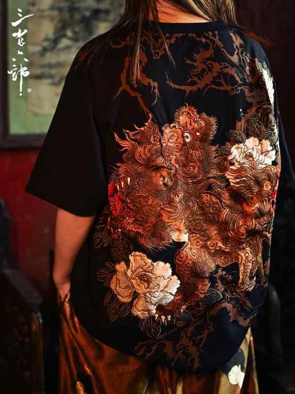 ｔシャツ 半袖 中華風 かっこいい 春夏 牡丹 刺繍 カットソー トップス