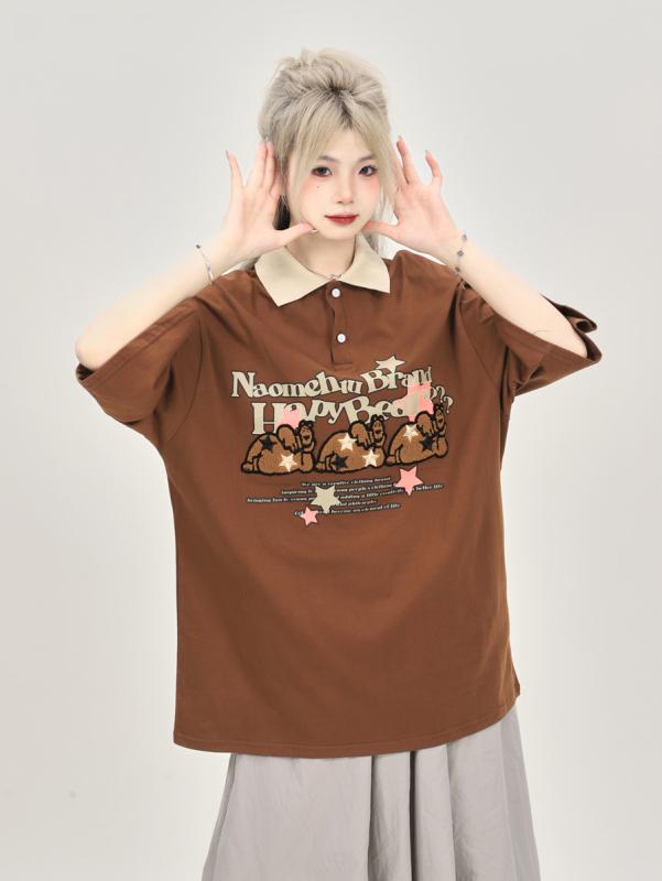 レディース キュート クール ポロ カラー 半袖 Tシャツ カジュアル サマー 刺繍 トップス