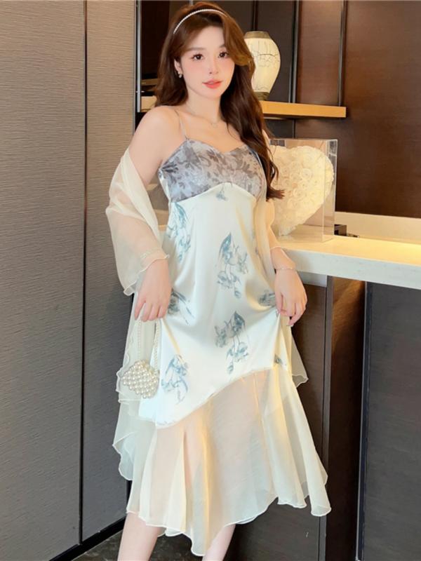 パジャマ レディース サスペンダー 夏 冷感 魅惑的 ネグリジェ 2 点 セット シフォン シルク カーディガン 小さい ショール 屋外 ルームウェア ナイトウェア