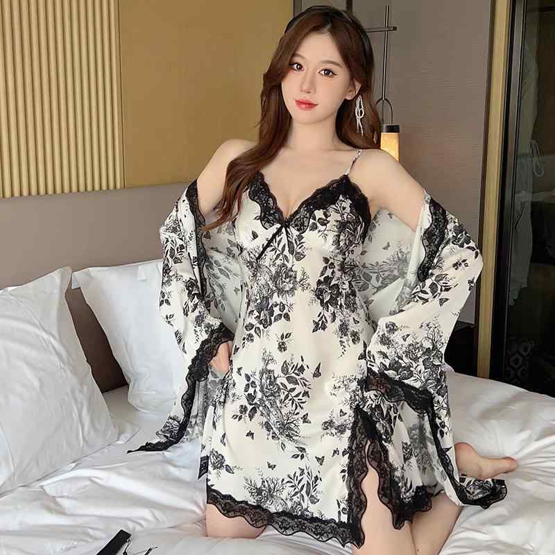 レディース パジャマ ナイトウェア セクシー ランジェリー フェミニン ハイエンド 春夏 アイス リボン 胸パッド エロティック サスペンダー ナイトガウン 長袖 2点 セット