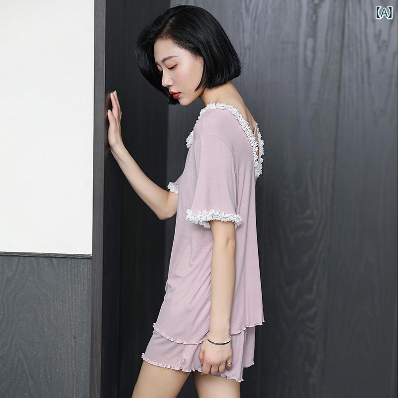 レディース パジャマ 夏 モーダル 魅惑的 ホームウェア セクシー ショートパンツ レース 薄手 シンプル 4,890円