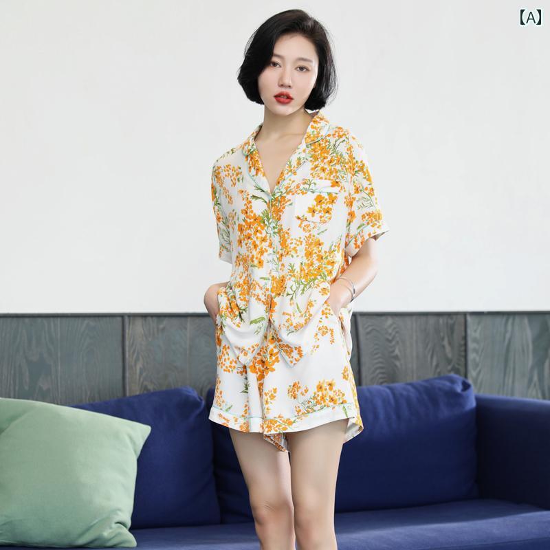 レディース パジャマ 夏 和風 花柄 カーディガン 半袖 ショーツ 薄手 綿 夏 女性 オレンジ レース