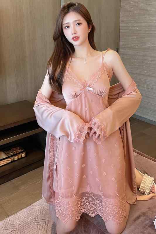 レディース パジャマ ネグリジェ かわいい セクシー お泊り 魅惑的 夏 冷感 薄手 シルクレース 胸パッド付き ハイエンド サスペンダー ナイトガウン セット