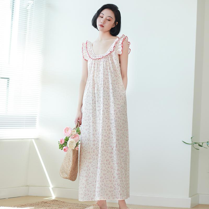 ネグリジェ パジャマ レディース ルームウエア 女性用 夏 キャミソール かわいい 和風小花柄 ベスト ノースリーブ ナイトガウン 夏 綿 ホーム 服 フェミニン