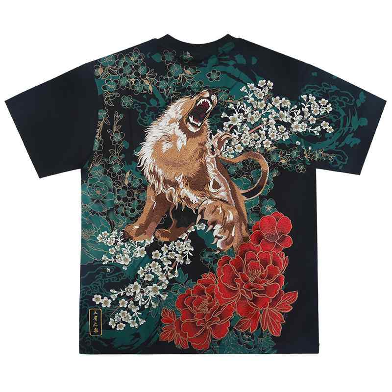 ｔシャツ 半袖 中華風 夏 牡丹 獅子 獣 刺繍 オールド ゆったり 大きいサイズ カットソー トップス