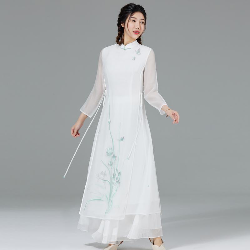 瀬戸もの風 衣裳 お上さん服 中国 立ち襟 瀬戸もの お召しもの 禅 仙女 お上さん 夏 シフォン レディースファッション-ドレス