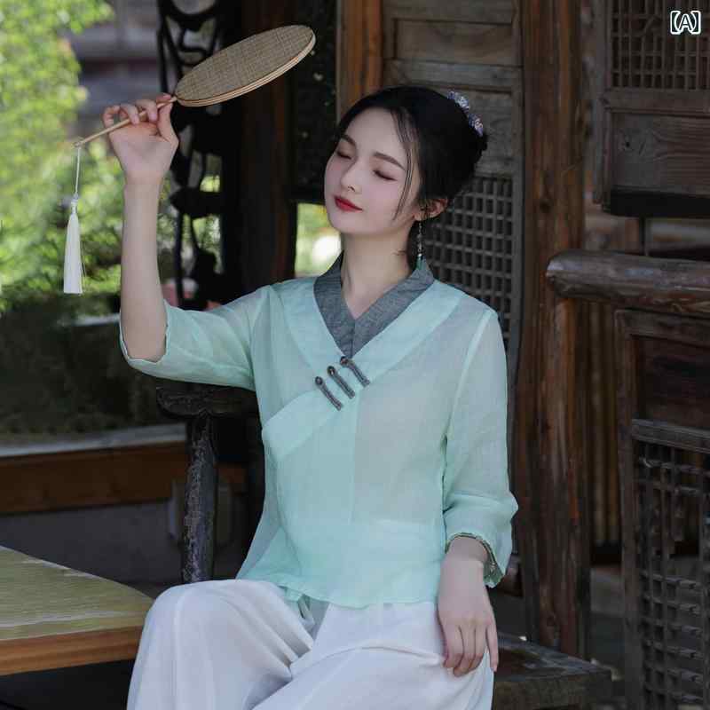 レディース トップス 爽やか 茶師服 禅 文学 唐装 チャイナ風 夏 茶 アーティスト 小柄 仏教 私服 リネン キャミソール ワイドレッグパンツ|ラ・グラーヌ