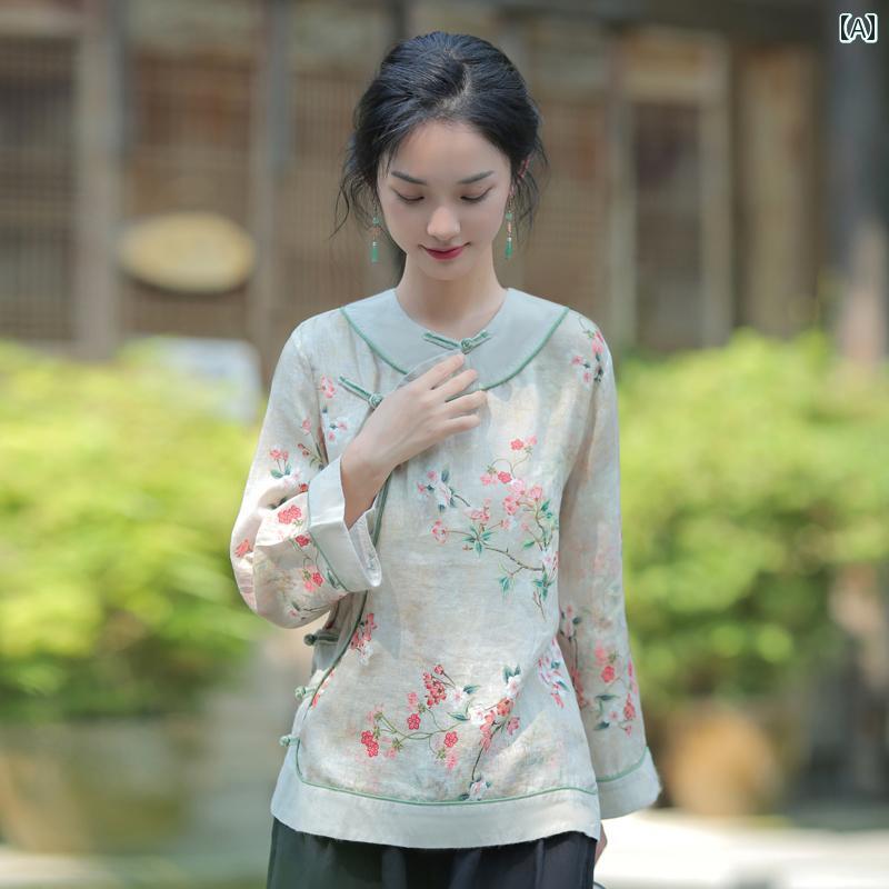 レディース チャイナ風 セットアップ 爽やか リネン 大きめサイズ 唐装 女性用 茶師服 茶 アーティスト トップス 中華 漢服 春夏 トップス セット ワイドレッグパンツ 花柄
