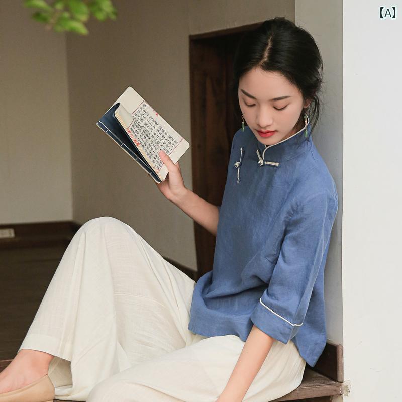 レディース 瀬戸もの風 セットアップ 口さかしい カラムシ 仏教 禅 亭主もち用 田舎家服 茶師服 夏 茶 お師匠さん 書き割り リネン トップス ワイドレッグパンツ 照明ランプ色つや