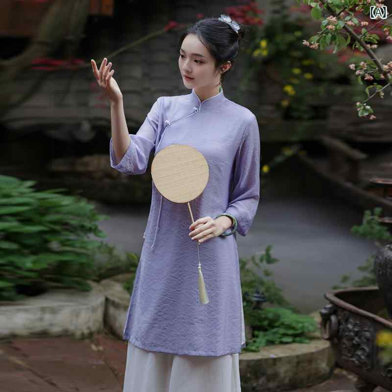 レディース チャイナ風 セットアップ 爽やか ドレス トップス デイリー ヤング 夏 茶 芸術服 セット ロング スリット スタンドカラー 無地 シンプル