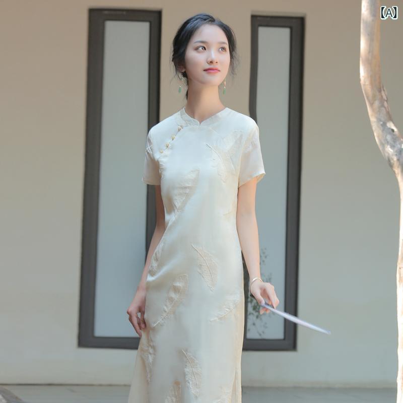 ハイエンド レトロ ダブルブレスト チャイナ風 ドレス 毎日着用 婦人服 小さい 夏 ティー レディース 女性用 リネン ミドル丈 ハイスリット 半袖