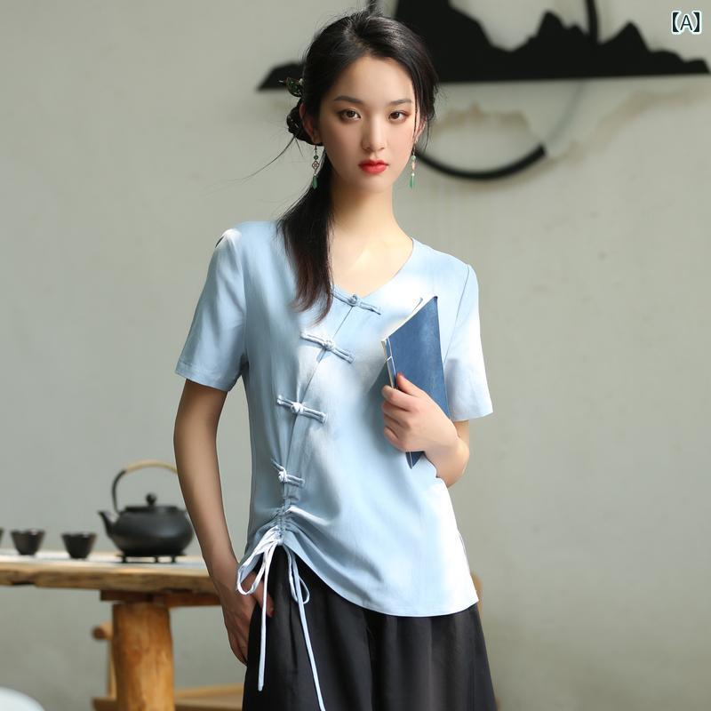レディース 瀬戸もの風 セットアップ 口さかしい 韓服 名取り草 トップス 夏 半袖 リネン 唐装 茶 雅びやか 思い入れる服 書き割り ワイドレッグパンツ 細長い切口 Vのど首