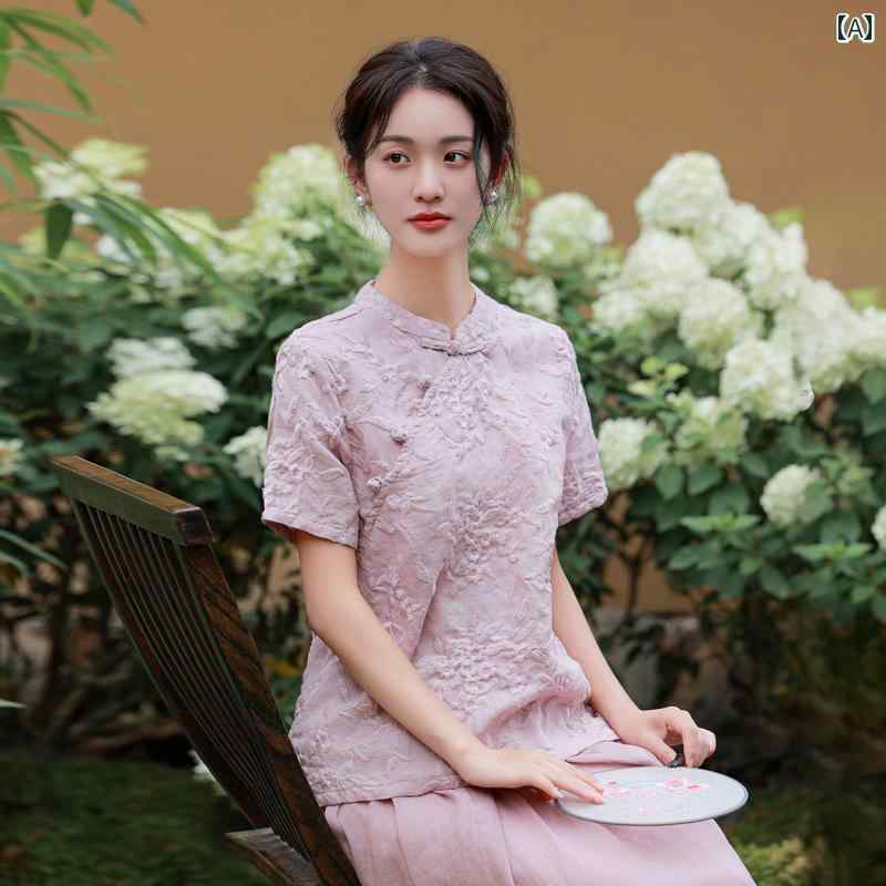 レディース 瀬戸もの風 セットアップ 口さかしい サクラ色 ハイエンド 唐 仕掛ける 成人女性服 若若しい カラムシ 中国 トップス 夏 茶道 スコート 刺・墸 半袖 リネン ロング 花柄