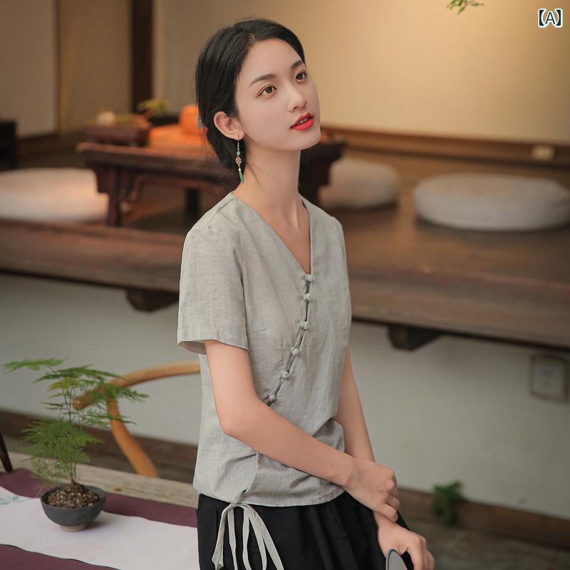 レディース トップス 爽やか 綿 麻 平服 仏教 禅 婦人服 日常 漢服 夏 チャイナ風 茶 芸風 在家服 茶師服 ワイドレッグパンツ ラミー コットン Vネック