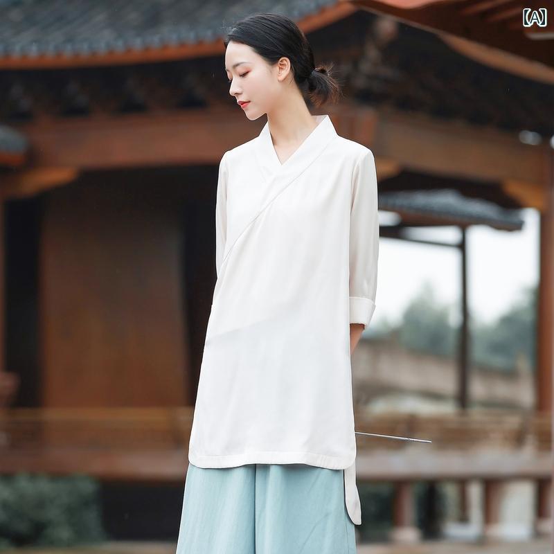 レディース トップス 爽やか 唐 若々しい 中国 茶師服 禅 文学 芸術 夏 フェアリー 瞑想服 仏教 茶 エレガント ハイスリット Vネック 無地 シンプル 女性用