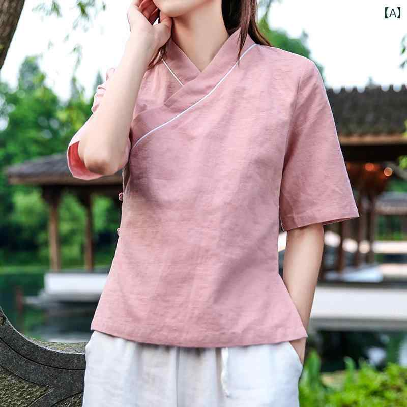漢服 レディース 夏 茶師服 禅 読みもの 美術 瀬戸もの風 中国 成人女性用 思い入れる服 中華風 バックル 編み目 トップス ワイドレッグパンツ 細長い切口 編み目