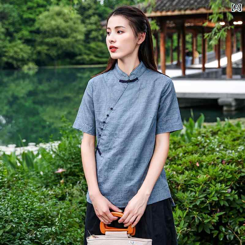 漢服 レディース 夏 茶師服 禅 読みもの 瀬戸もの風 中国 思い入れる服 中華 バックル 綿 リネン 唐服 トップス ワイドレッグパンツ 綿織物 成人女性用 無地