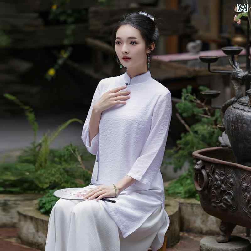 レディース チャイナ風 セットアップ 爽やか 女性用 唐 セット 若々しい 婦人服 仏教 瞑想服 民族風 茶師服 高級感 茶芸師 夏 トップス ロング スリット ワイドレッグパンツ 無地
