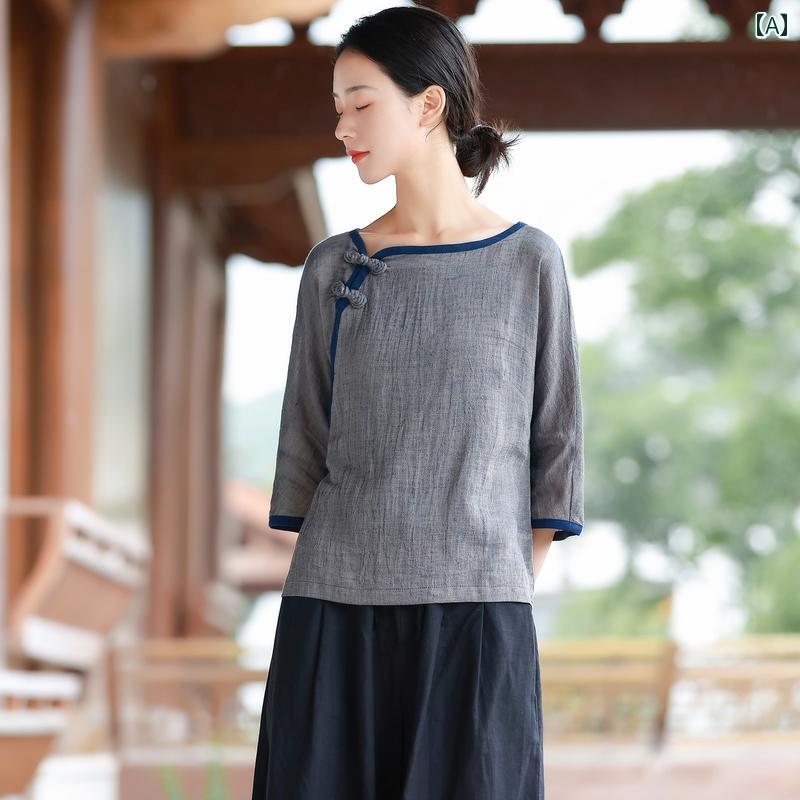 レディース 瀬戸もの風 セットアップ 口さかしい レトロ 茶師服 禅 中国 トップス 仏教 唐 仕掛ける 夏 宿小屋服 思い入れる服 リネン ワイドレッグパンツ 衣嚢 成人女性用