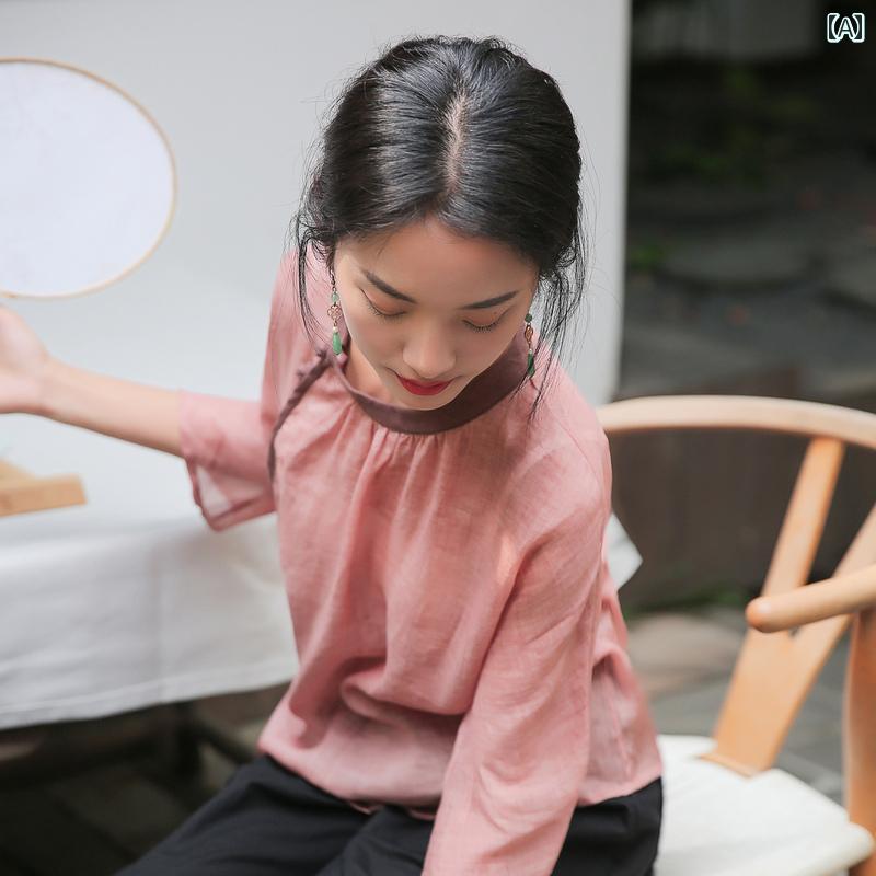 レディース チャイナ風 セットアップ 爽やか ハイエンド 瞑想服 茶師服 夏 茶 麻 唐 セット キャミソール ワイドレッグパンツ トップス 女性用 ラウンドネック 無地