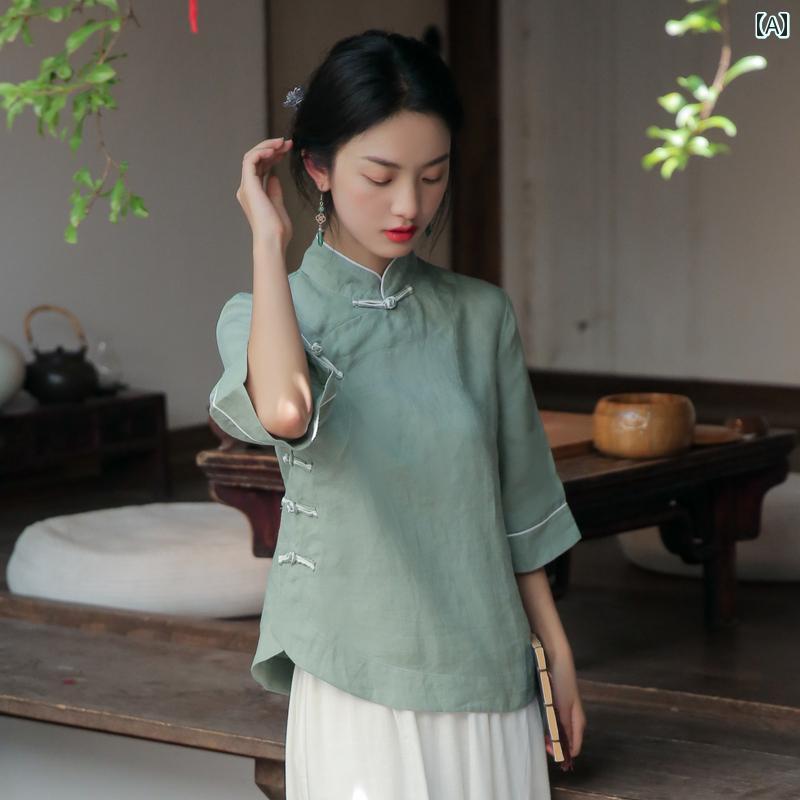 レディース 瀬戸もの風 セットアップ 口さかしい 夏 緑茶 飛び切り感 成人女性服 中華風 小っちゃい 曲がった襟 名取り草 トップス 仏教 禅 成人女性用 仕掛ける カラムシ ワイドレッグパンツ ロング 照明ランプ色つや