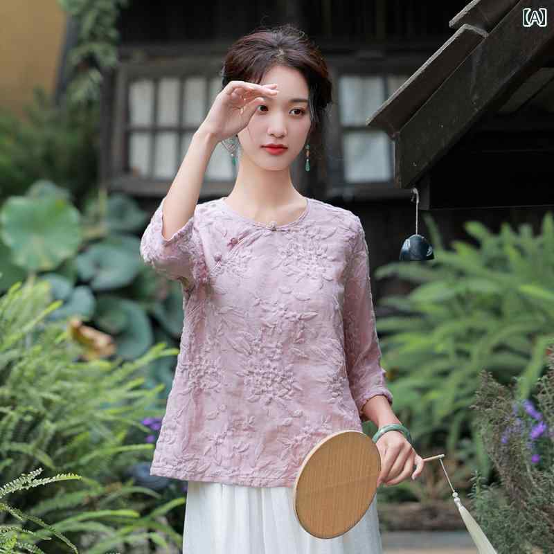 レディース トップス 爽やか ピンク チャイナ風 ハイエンド 唐装 夏 茶師服 禅 文学 芸術 リネン ラミー スカート 刺・墸 ラウンドネック 6,959円
