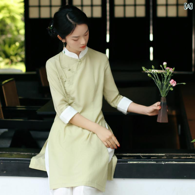 レディース チャイナ風 セットアップ 爽やか 唐 スーツ 夏 若々しい 中国 作業着 ボタン トップス 茶師服 禅 文学 茶摘み セット ワイドレッグパンツ ロング ハイスリット