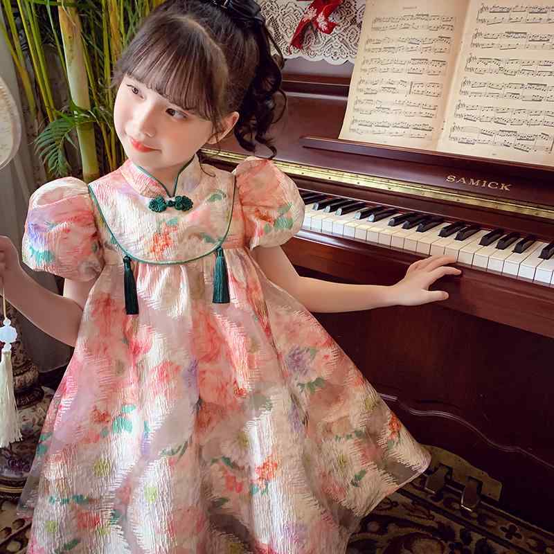 女の子 ドレス チャイナ風 サマー スタイリッシュ 子供 パフスリーブ プリンセス ワンピース 花 エレガント