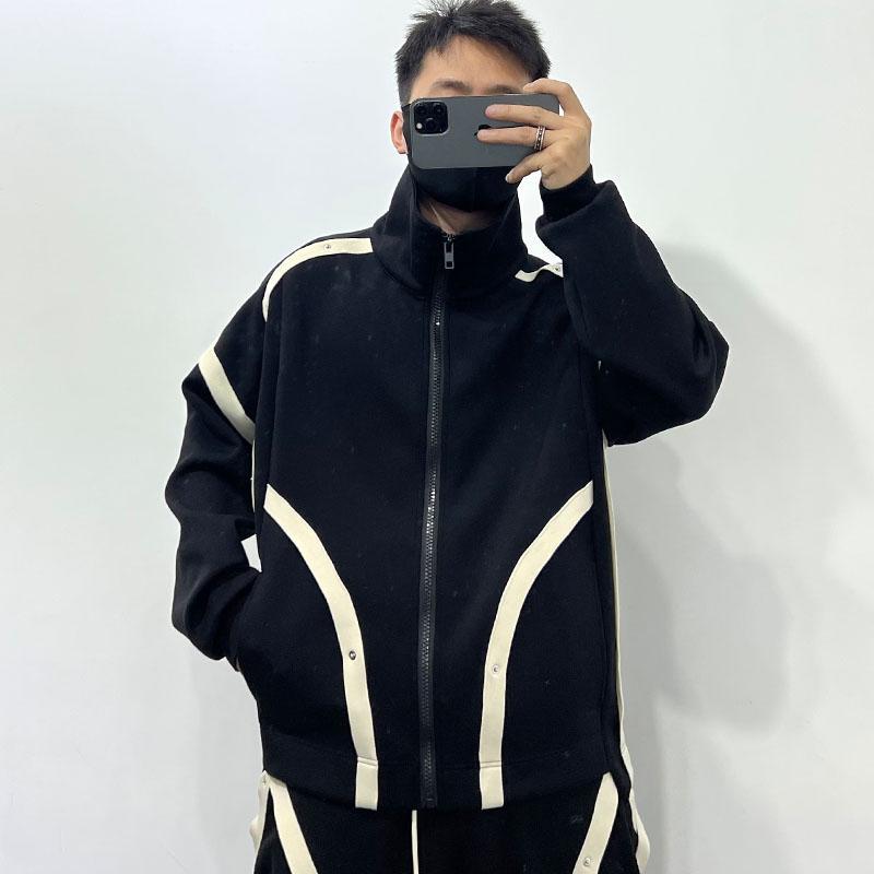 ジャケット ストライプ ステッチ スタッズ アウター 長袖 ジッパー スタンドカラー ポケット カジュアル ワイド ストリート 春秋 メンズ 男性 軽量 ソフト 日常使い ファッション