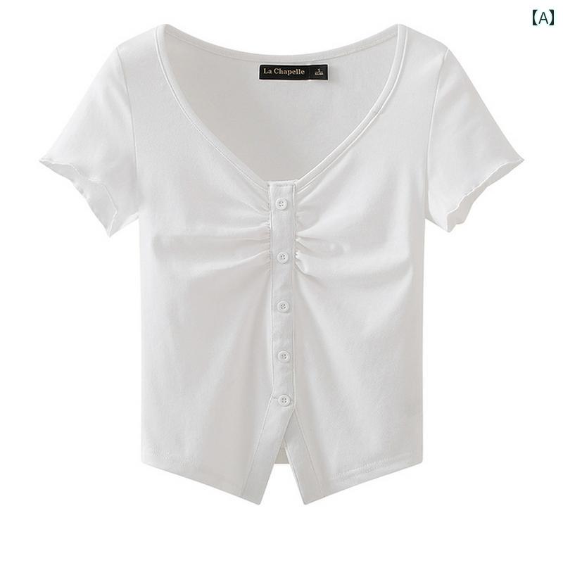 婦人服 レディース トップス プリーツ スリム ラウンドネック 半袖 Tシャツ シンプル 着痩せ ショート 上衣 オフィス カジュアル