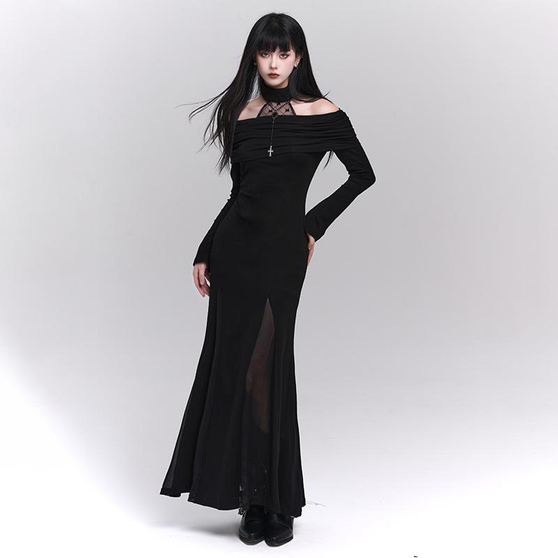 ワンピース ドレス おしゃれ ファッション レディース セクシー ユニーク ゴシック ダーク コスチューム ハロウィン 衣装 オフショルダー エレガント モノトーン