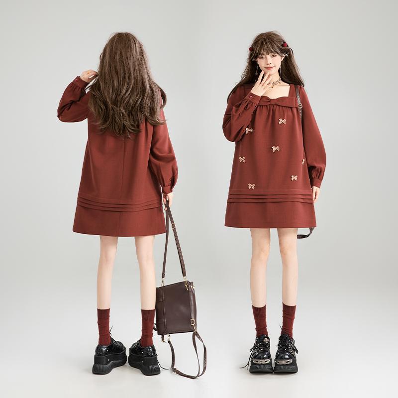 レディース ガールズ アンゴラレッド 立体 リボン装飾 ワンピース ドレス 春秋 チャック仕様 シッパー フレンチ レトロ スカートプリンセス スクエアネック