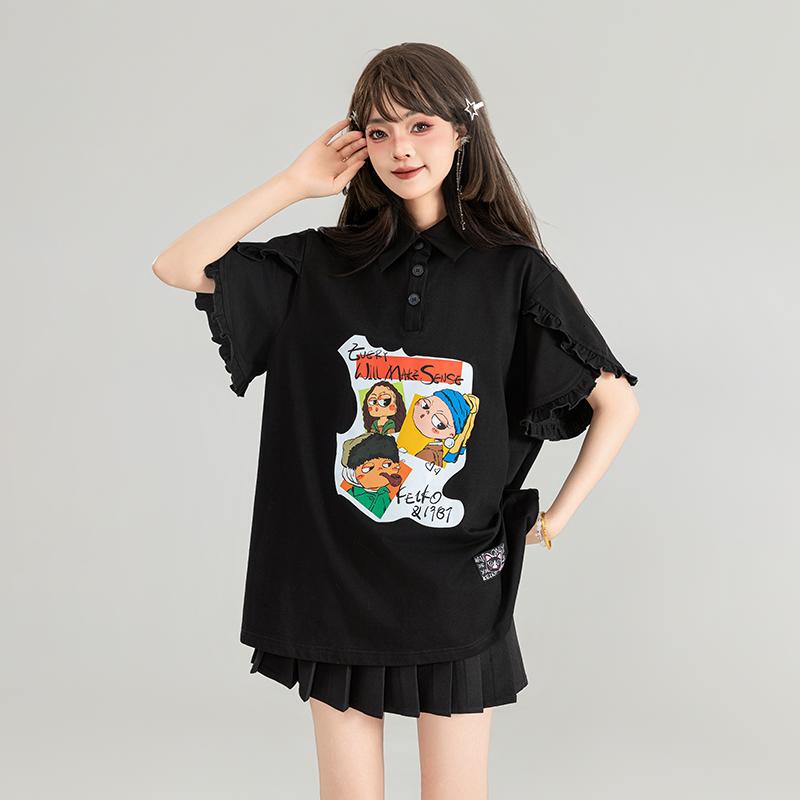 ガーリー キャラクターシャツ 黒 半袖 Tシャツ レディース ポロシャツ 夏 ポロ襟 かわいい プリント ゆったり カジュアル トップス フリル袖