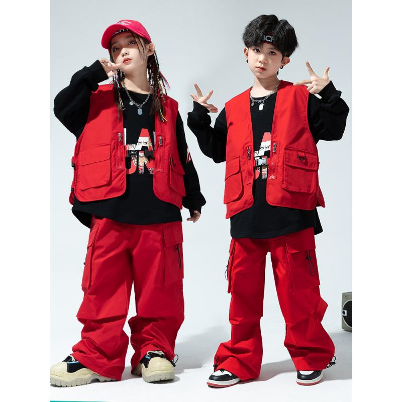 ストリート ダンス 子供用 ボーイズ ガールズ ファッション ヒップホップ 作業着 ベスト パンツ ジレ 長袖 スーツ セットアップ パフォーマンス衣装 クール カジュアル デザイン
