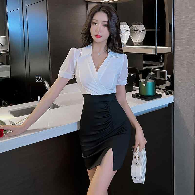 美容系 サロン 制服 接客 ユニフォーム レディース スリッド入り タイトスカート シャツ バイカラー セットアップ シンプル キレイ目 大人 ファッション