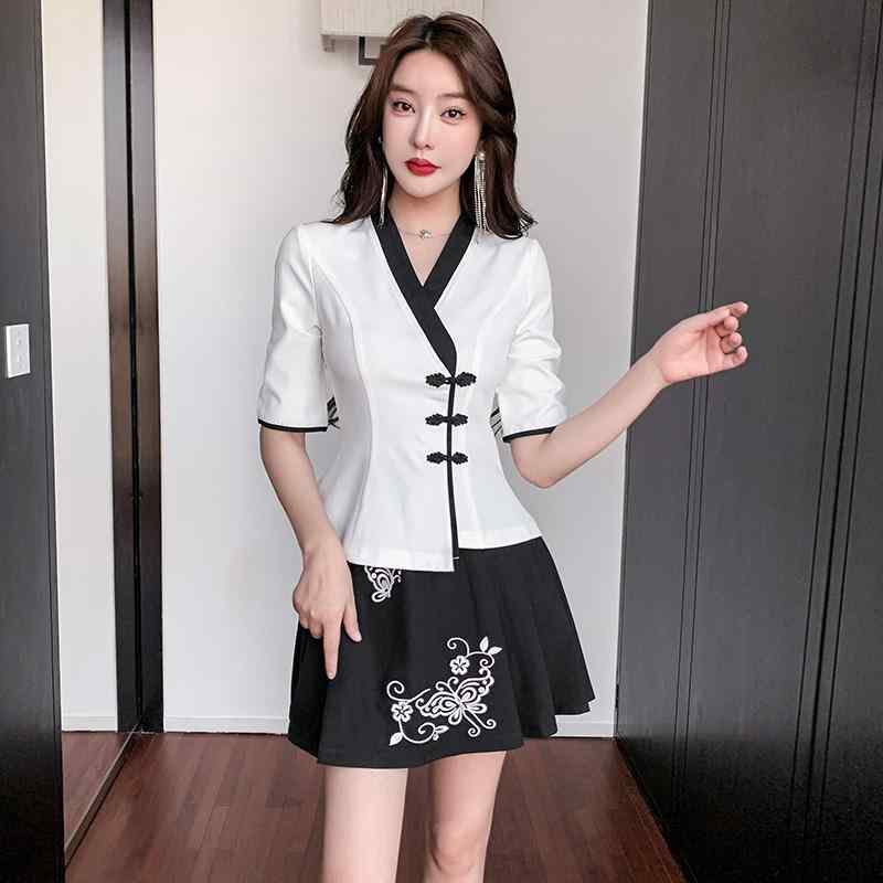 美容系 サロン 制服 接客 ユニフォーム レディース ハイウエスト シンプル セットアップ チャイナ風 キレイ目 カジュアル フレアスカート おしゃれ