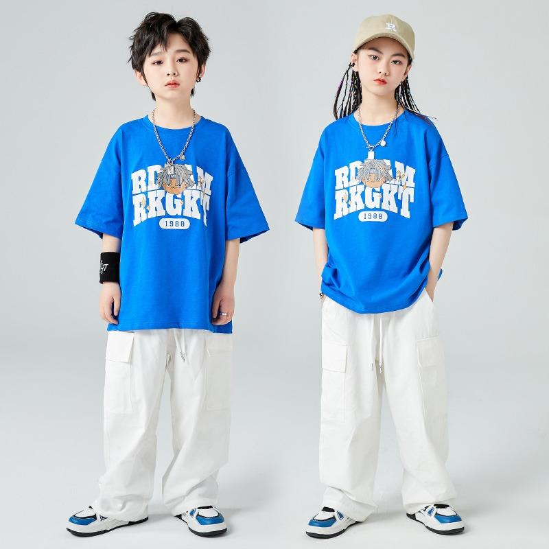 ストリート ダンサー 子供 スーツ 男の子 男女兼用 ヒップホップ 韓国 半袖 キャラクターシャツ パフォーマンス 青 ポップカラー ユニーク カジュアル