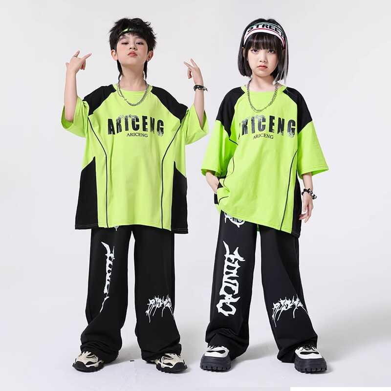 子供用 ヒップホップ ダンサー 男女兼用 キッズ パフォーマンス 衣装 カジュアル コーデ セットアップ 女の子 男の子 半袖 長ズボン