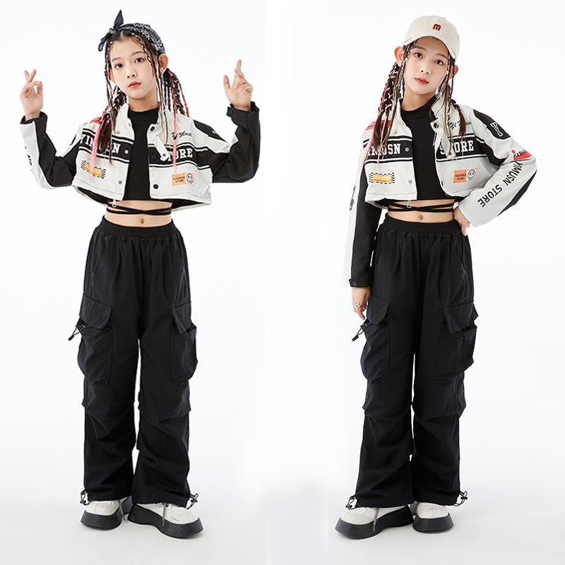 子供 ストリート バイカー ジャケット おしゃれ トレンド ファッション 短丈 へそ出し カジュアル ダンサー 衣装 キッズ 女の子 白黒コーデ