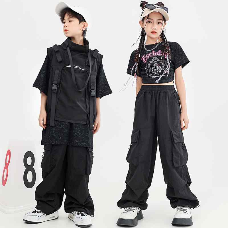 子供服 キッズ ダンス パフォーマンス 衣装 ストリート コスチューム ヒップホップ ステージ スタイリッシュ 夏 半袖 上下セット