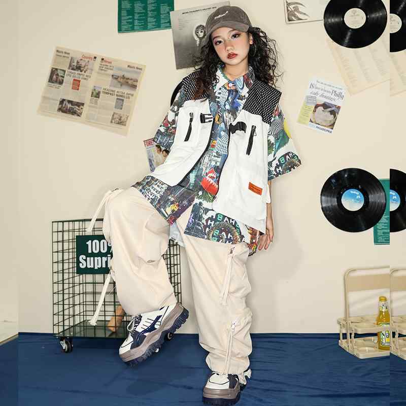 子供服 キッズ ダンス パフォーマンス 衣装 ストリート コスチューム ヒップホップ ステージ アクティブ レトロ ベスト パンツ セット カジュアル
