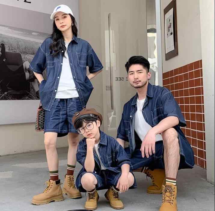 家族 リンクコーデ お揃い ペアルック デニム セットアップ デニムオンデニム 男女 夏 子供 親子 カジュアル 親子 衣装 ストリート