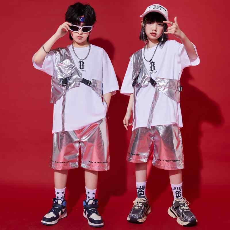 子供服 キッズ ダンスウェア シルバー ベスト ストリート ヒップホップ 反射素材 ユニセックス パフォーマンス スポーティー エネルギッシュ