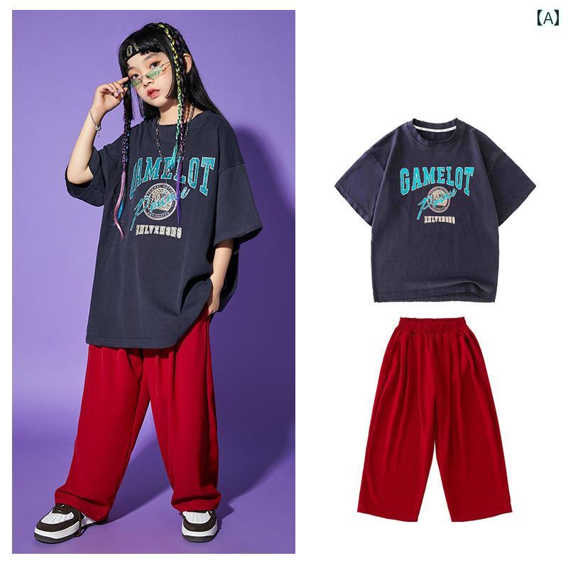 ヒップホップ 男の子 女の子 服 パフォーマンス セット クール ダンス Tシャツ 夏 子供用 キャットウォーク パンツ