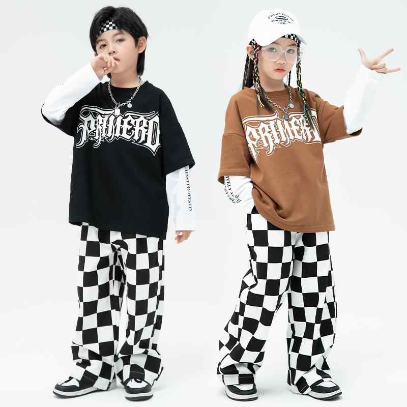 男の子 女の子 ストリート ダンス パフォーマンス 服 セット ジャズ チェック柄 カジュアル ズボン ヒップホップ 子供用 衣装