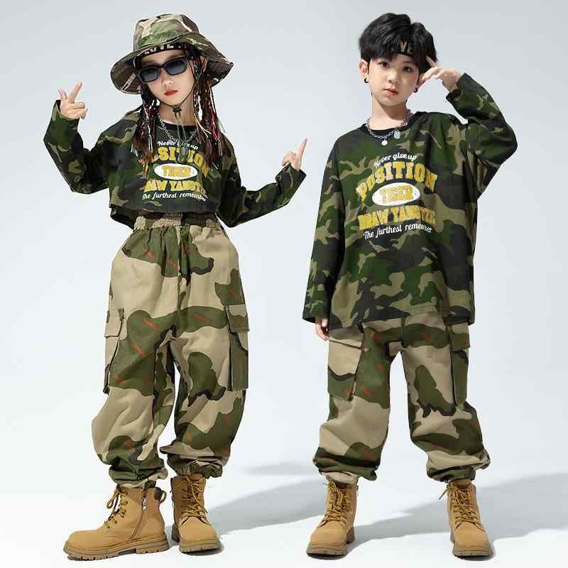 子供服 男の子 女の子 ストリート ダンス 服 迷彩 パフォーマンス パンツ セット ヒップホップ 衣装 ジャズ 個性派 キャットウォーク トップス