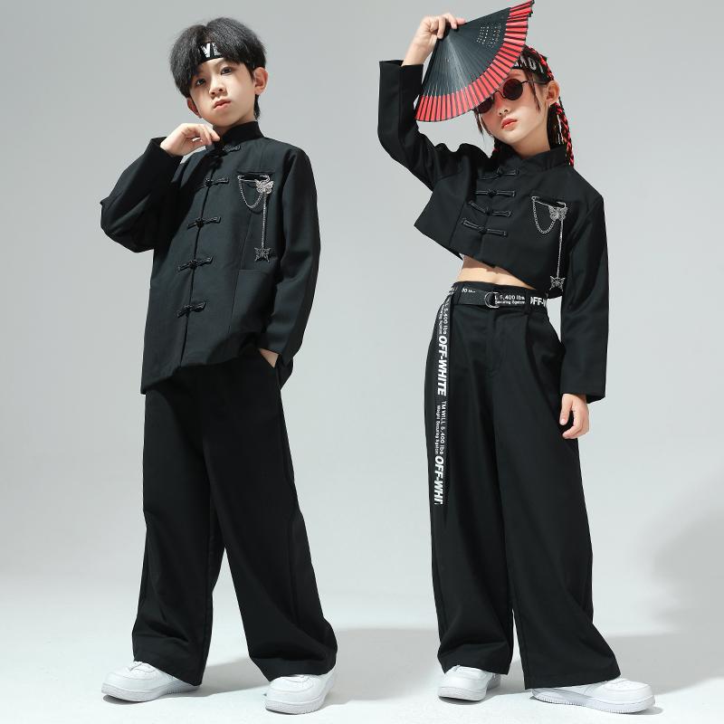 子供 ストリート ダンス パフォーマンス 服 ダークシリーズ チャイナ風 モダン伝統 唐装 ヒップホップ パンツ ジャズ セット